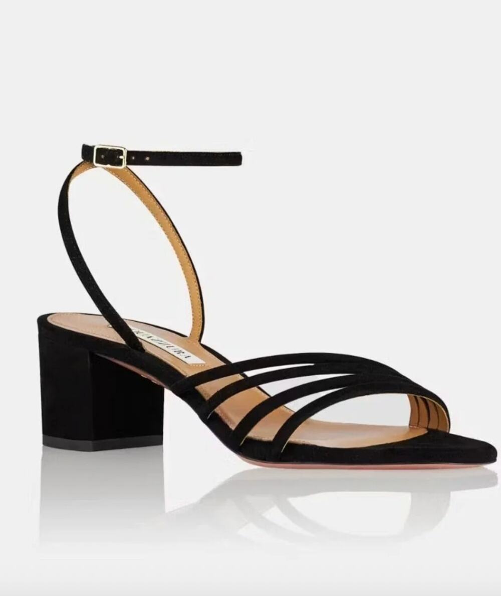 New Aquazzura Latour 50 Black Suede Strappy Block Heel Sandals Size 37.5